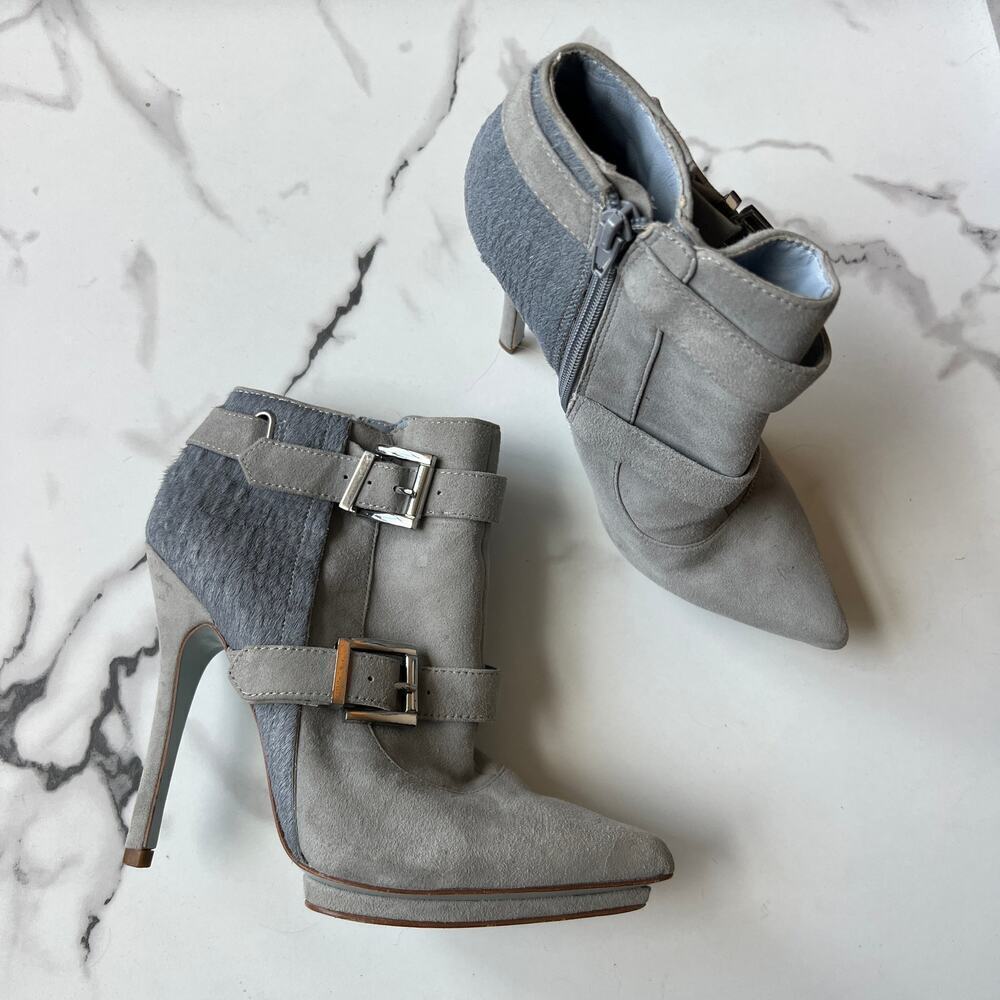Aldo Rise x Preen Grey Light Blue Pony Hair Suede Buckle Booties Size 37